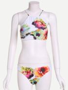 Romwe White Flower Print Racer Front Bikini Set