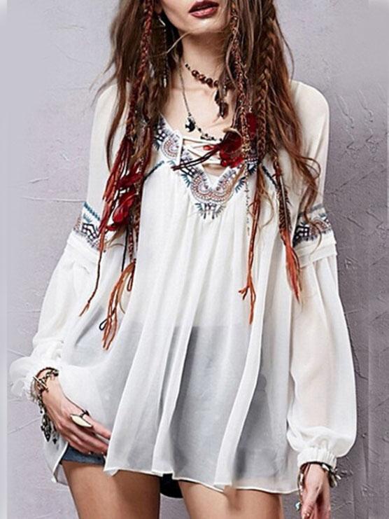 Romwe V Neck Print Chiffon Lace Up Shirt