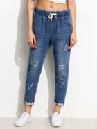Romwe Blue Distressed Drawstring Jeans With Printed Lining Detail