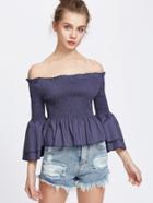 Romwe Blue Off The Shoulder Tiered Bell Sleeve Shirred Top