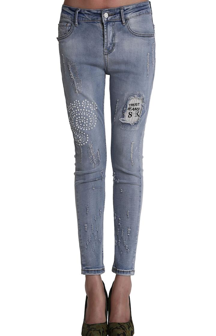 Romwe With Bead Patch Denim Pant