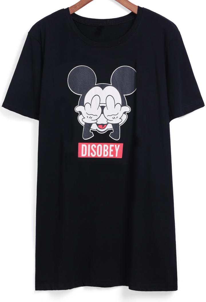 Romwe Mickey Print Long Black T-shirt