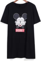Romwe Mickey Print Long Black T-shirt