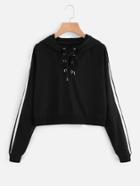 Romwe Eyelet Lace Up Striped Sleeve Hooded Sweatshirt