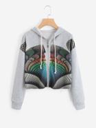 Romwe Raw Hem Digital Print Zip Up Hoodie
