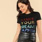 Romwe Sequin Letter Short Sleeve T-shirt