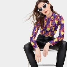Romwe Fire Print Crop Sheer Tee