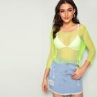 Romwe Neon Lime Scoop Neck Fishnet Mesh Top