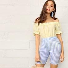 Romwe Elastic Waist Gingham Stretchy Shorts