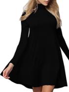 Romwe Black Long Sleeve Turtleneck Flare Dress