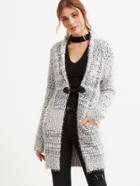 Romwe Black And White Marled Knit Fluffy Sweater Duffle Coat