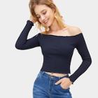 Romwe Off The Shoulder Ruffle Trim Cuff Crop Tee