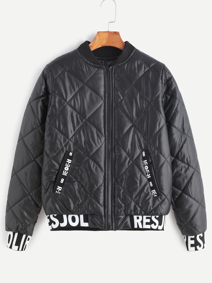 Romwe Black Contrast Letter Print Trim Quilted Jacket