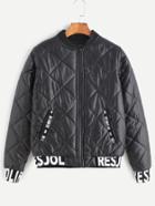 Romwe Black Contrast Letter Print Trim Quilted Jacket
