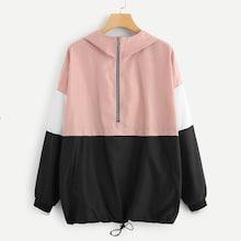 Romwe Plus Half Placket Color Block Hooded Jacket