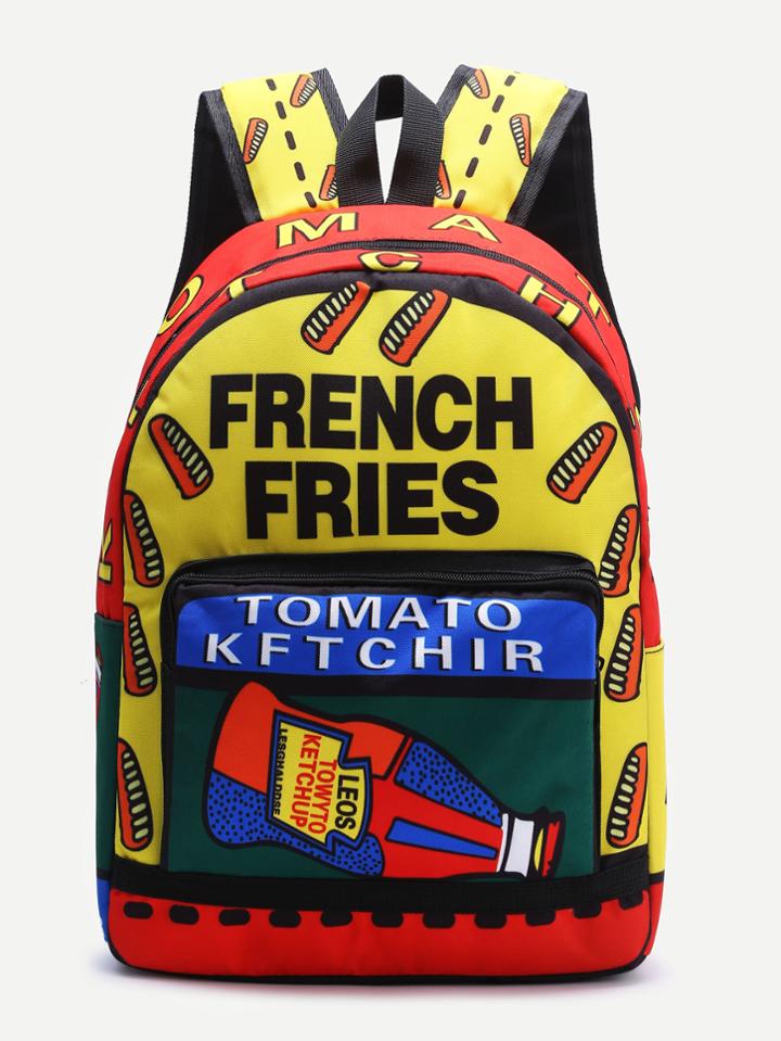 Romwe Multicolor Letter Print Front Pocket Canvas Backpack