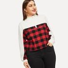 Romwe Plus Zip Front Plaid Print Colorblock Sweatshirt