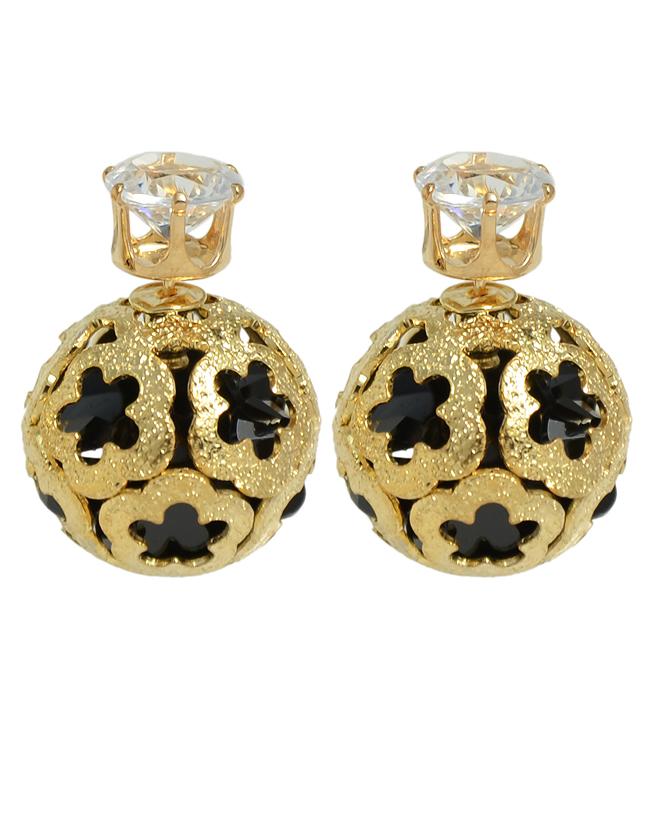 Romwe Gold Plated Black Imitation Crystal Stud Ball Earrings