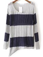 Romwe Striped Open-knit Asymmetrical Navy Sweater