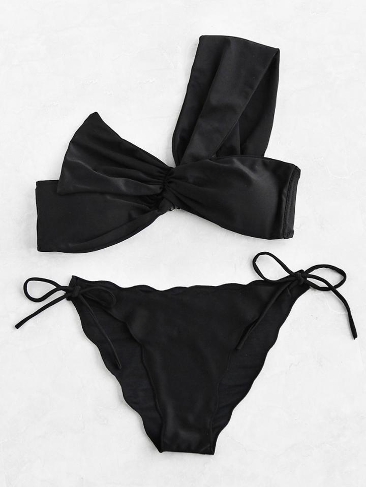 Romwe Scalloped Trim One Shoulder Bikini Set