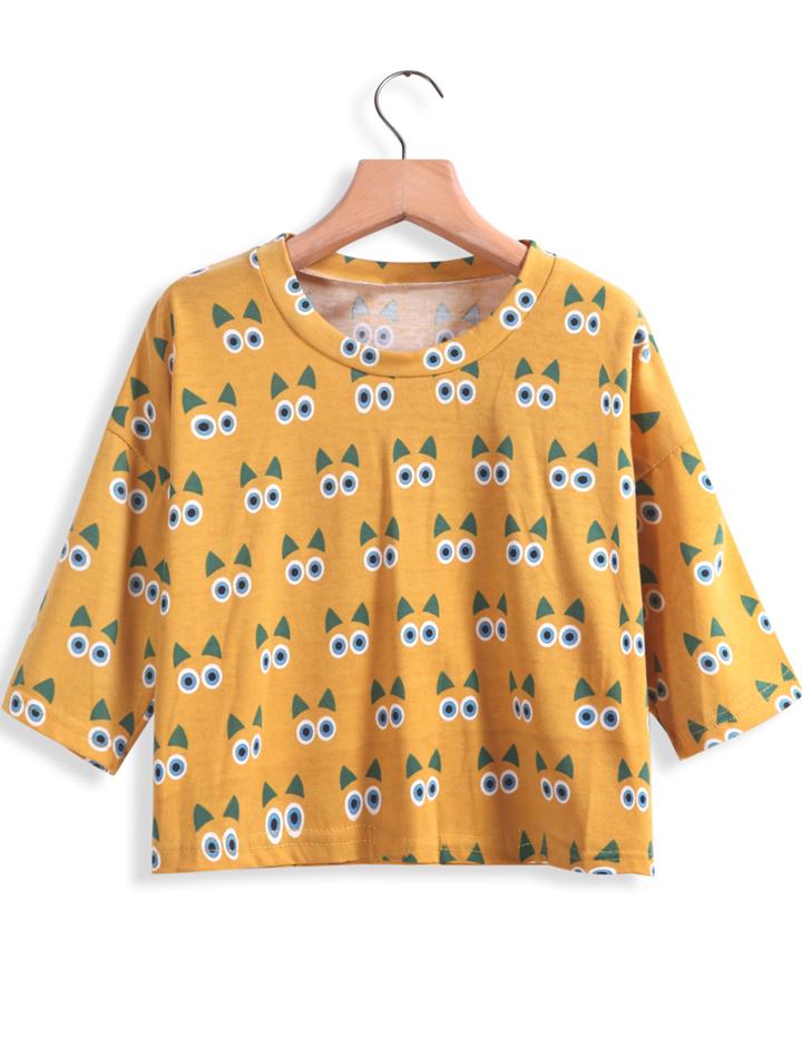 Romwe Cat Print Crop Brown T-shirt