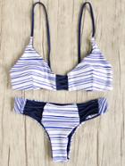 Romwe Blue Striped Strappy Bikini Set