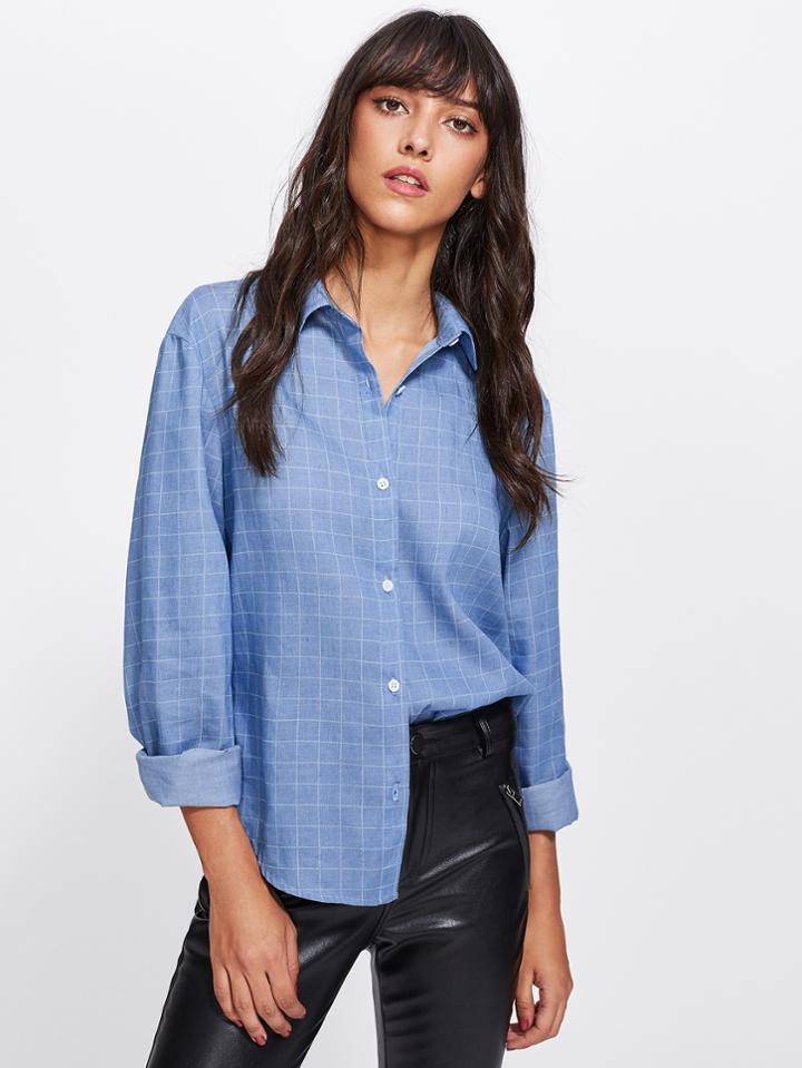Romwe Curved Hem Grid Shirt