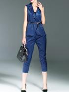 Romwe Blue V Neck Belted Top With Pockets Pants