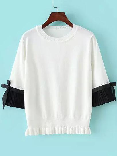 Romwe Contrast Chiffon Fungus Hem Bow White Sweater