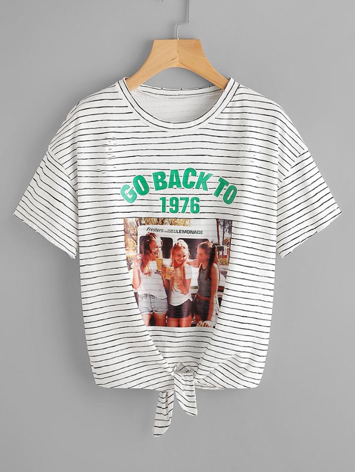 Romwe Striped Graphic Print Knot Front Tee