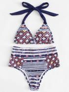 Romwe Striped & Geometric Pattern Bikini Set