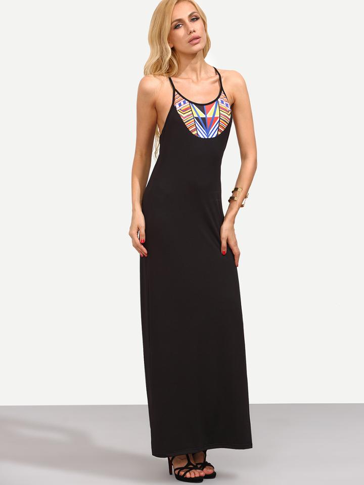 Romwe Black Tribal Print Slim Racerback Tank Dress