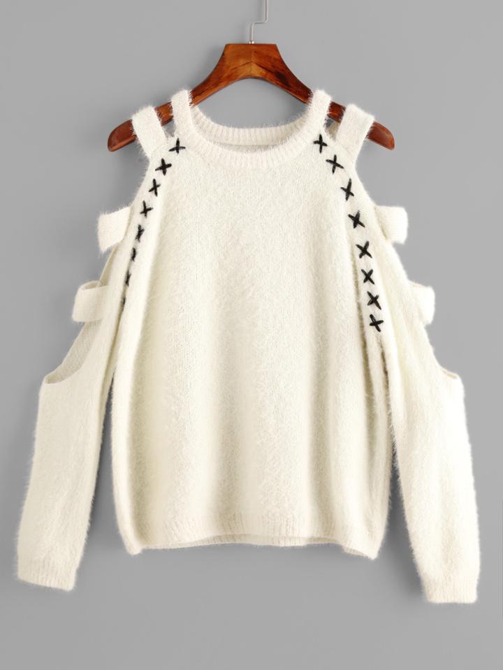 Romwe Whipstitch Detail Ladder Cutout Fuzzy Jumper