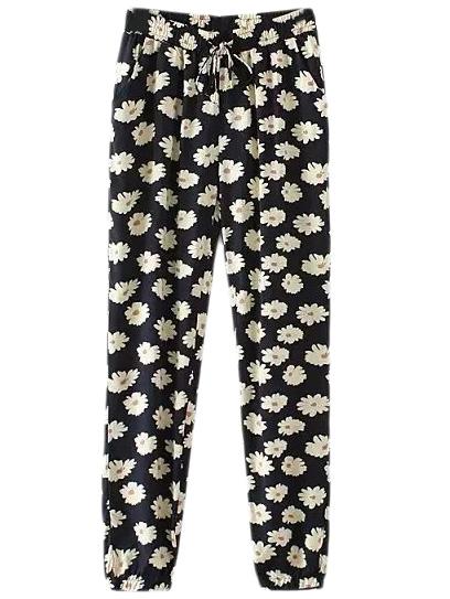 Romwe Multicolor Pockets Elastic Tie-waist Flowers Print Pants