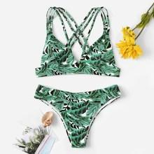 Romwe Random Palm Print Criss Cross Bikini Set