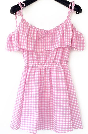 Romwe Spaghetti Strap Ruffle Plaid Pink Dress