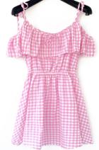 Romwe Spaghetti Strap Ruffle Plaid Pink Dress