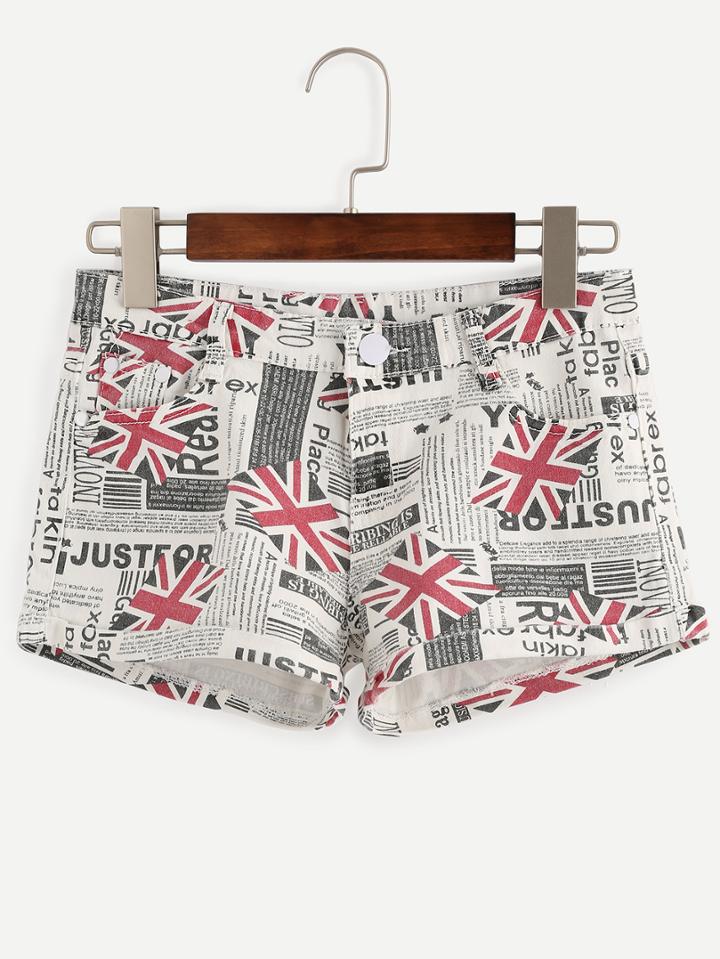 Romwe Union Jack Print Cuffed Denim Shorts