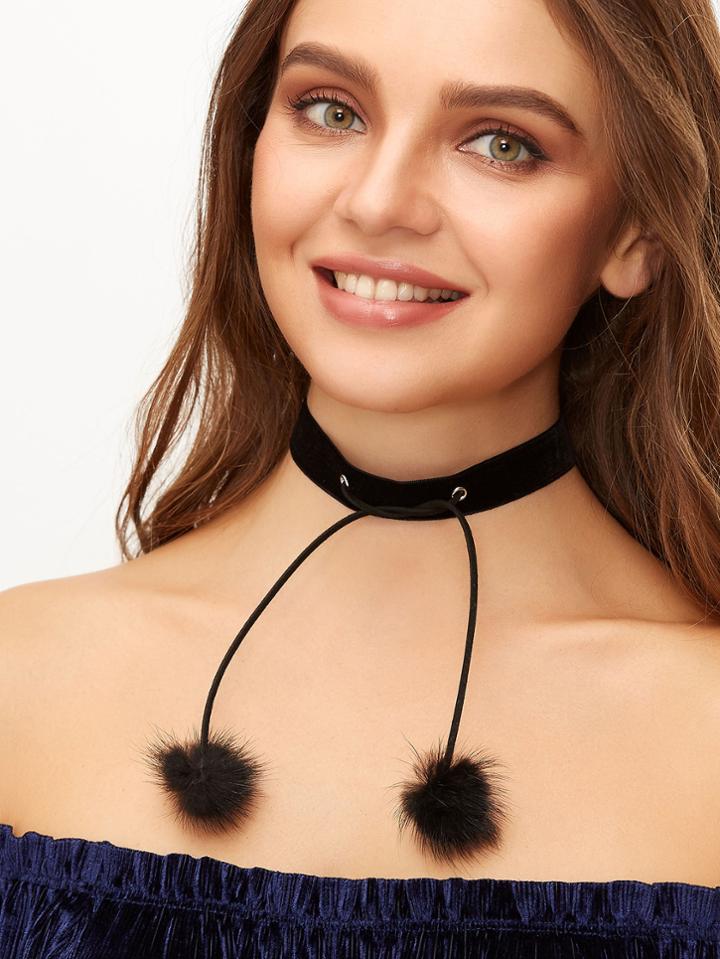 Romwe Black Velvet Pom Pom Pendant Choker Necklace