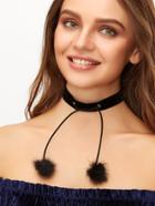 Romwe Black Velvet Pom Pom Pendant Choker Necklace