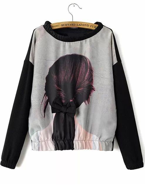 Romwe White Black Long Sleeve Beauty Print Crop Blouse