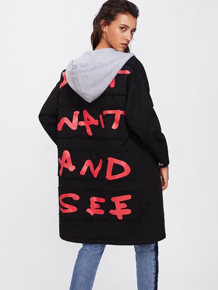 Romwe Slogan Print Single Breasted Sherpa Coat