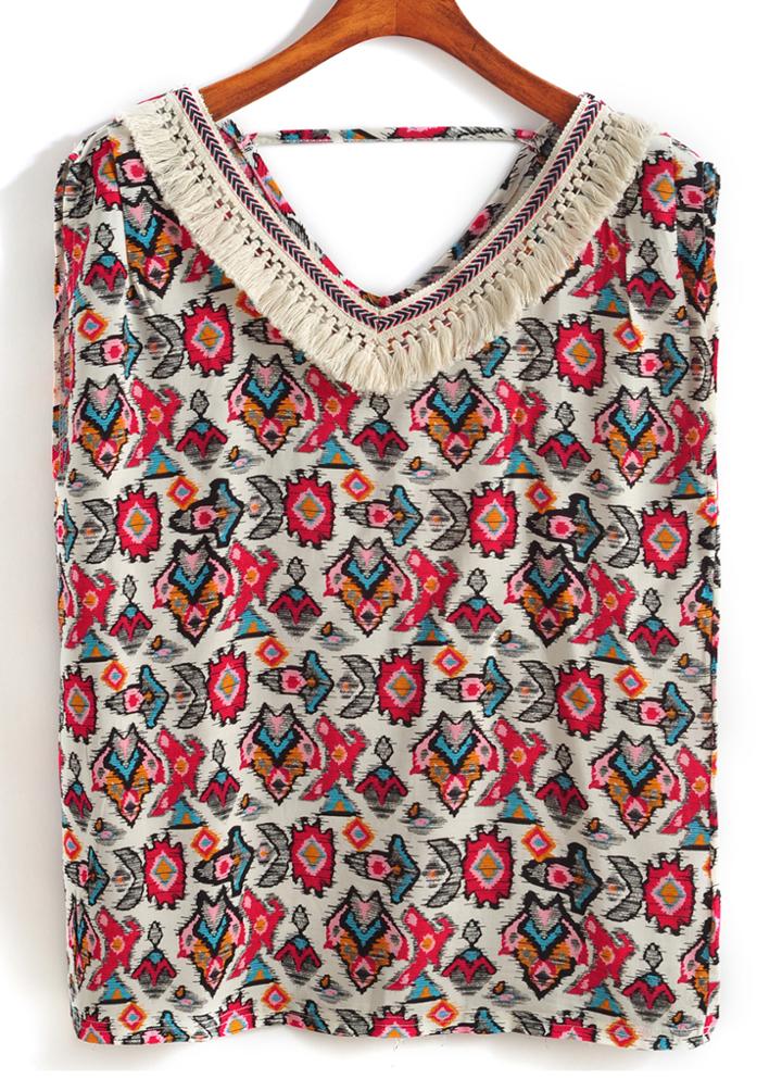 Romwe V Neck With Tassel Geometric Print Tank Top