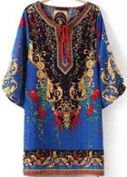 Romwe Baroque Print Shirt Blue Dress