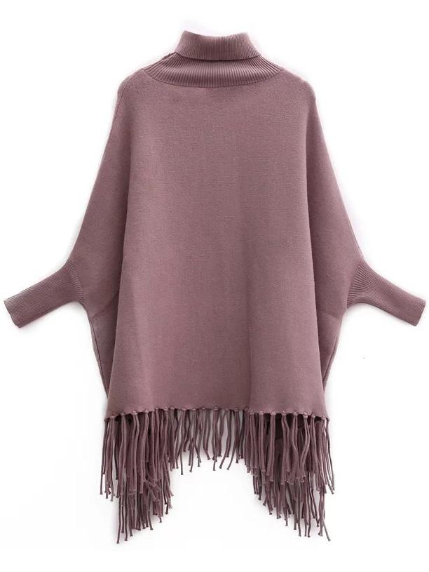 Romwe Coffee Turtleneck Batwing Sleeve Fringe Cape Sweater