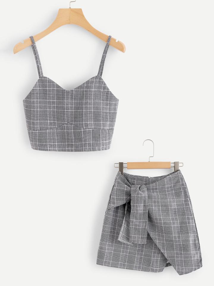 Romwe Checked Cami Top With Asymmetrical Hem Skirt