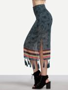 Romwe Green Tribal Print Tassel Trimmed Chiffon Skirt