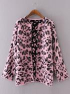 Romwe Pink Leopard Print Open Front Sweater Coat With Pockets