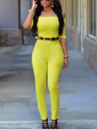 Romwe Belted Off-the-shoulder Skinny Jumpsuit - Yellow