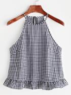 Romwe Gingham Buttoned Keyhole Back Frill Halter Top